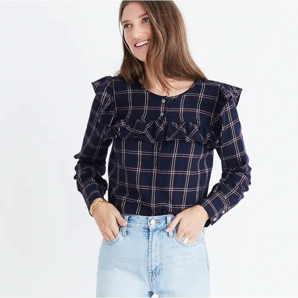 MADEWELL PLAID RUFFLE FLANNEL TOP